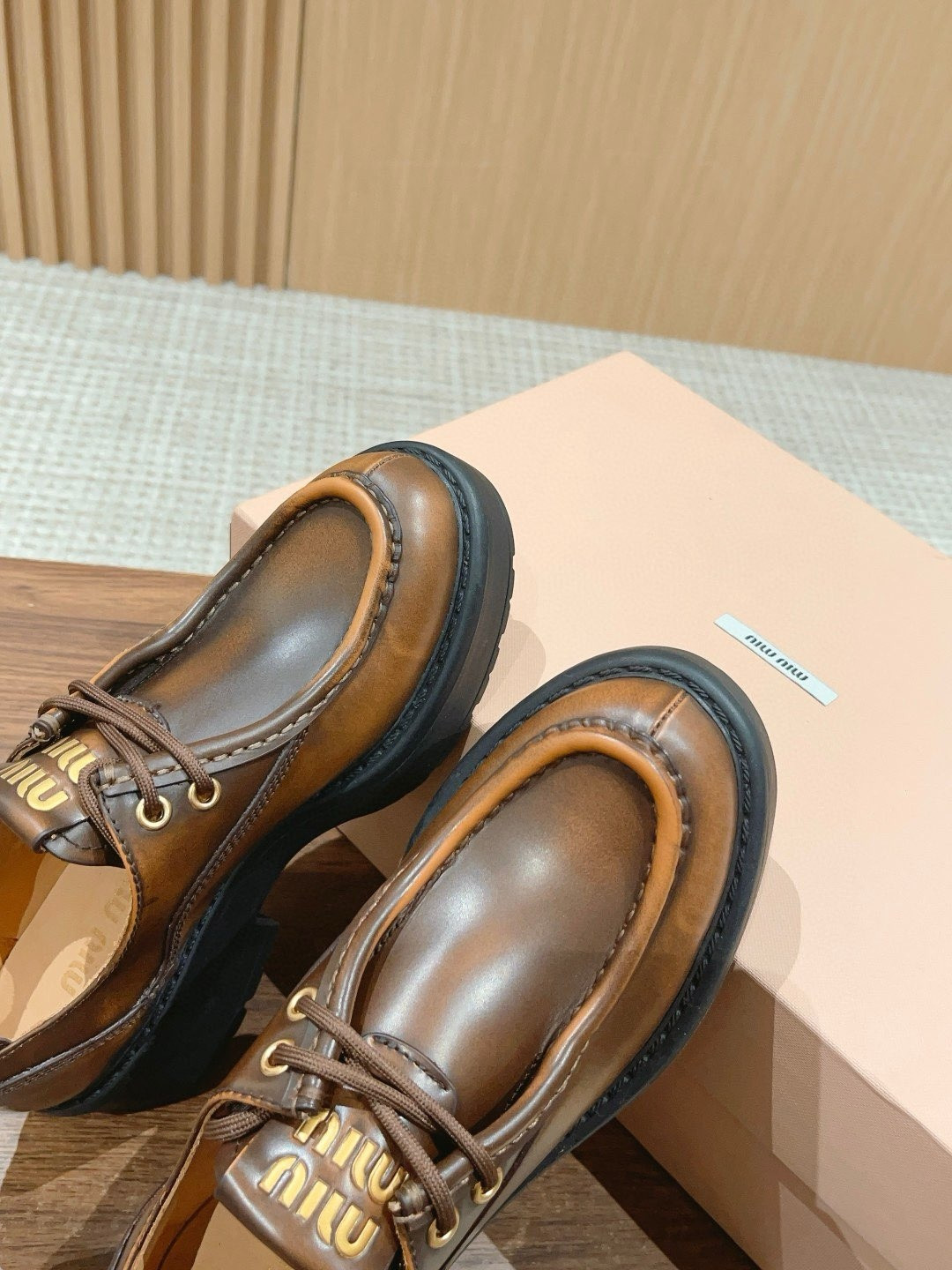 UA Miu Miu Laced Fumé Leather Loafers