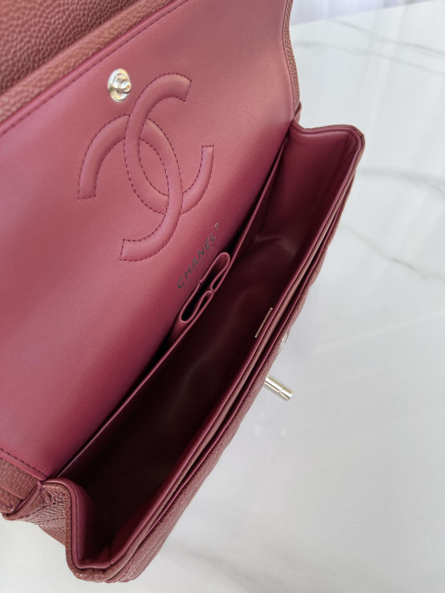 Ch*el classic handbag silver-tone metal 6 × 9.9 × 2.5 in