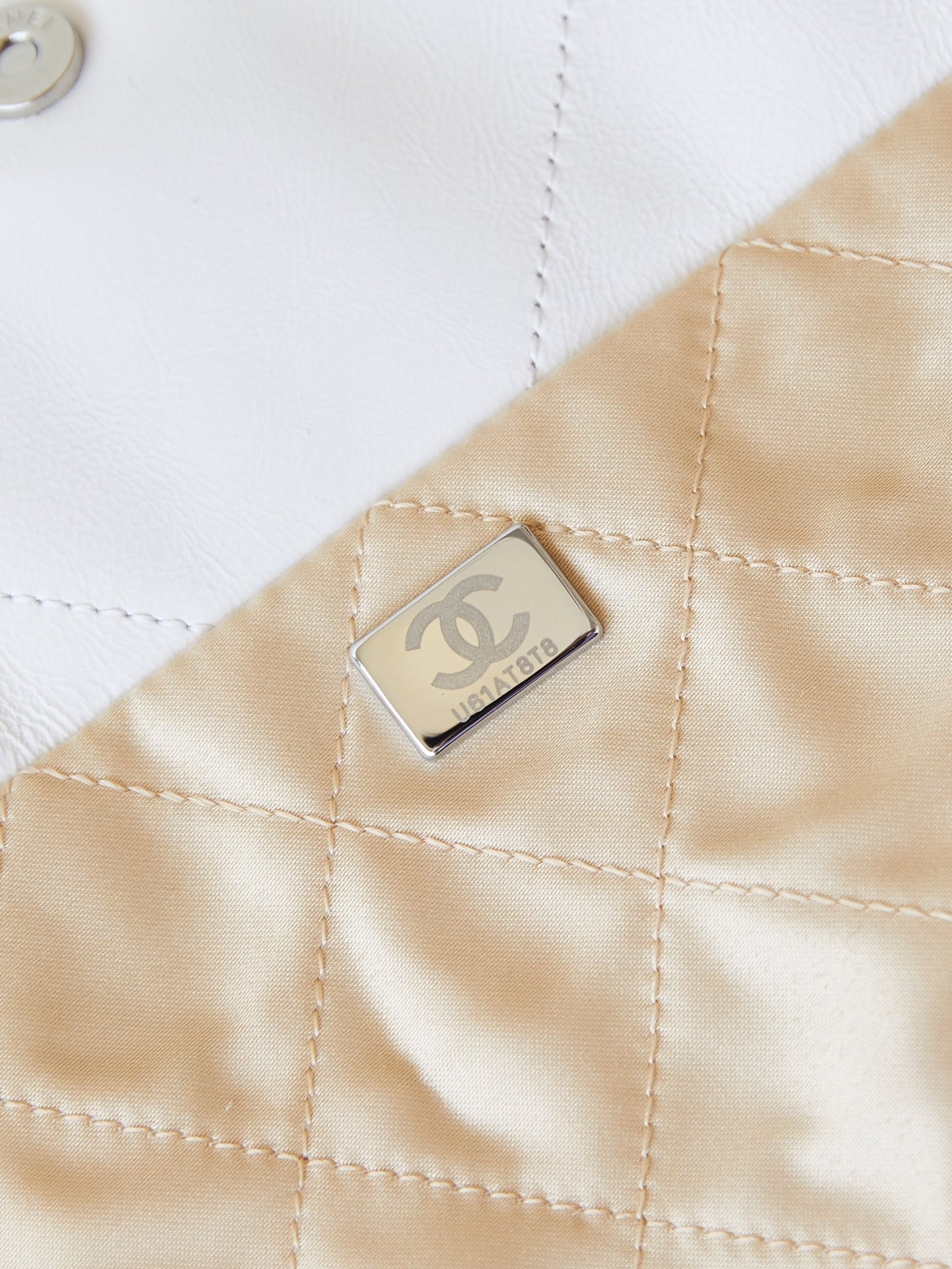 Ch*el 22 small handbag shiny calfskin & rainbow metal white 13.7×14.4×2.7 in