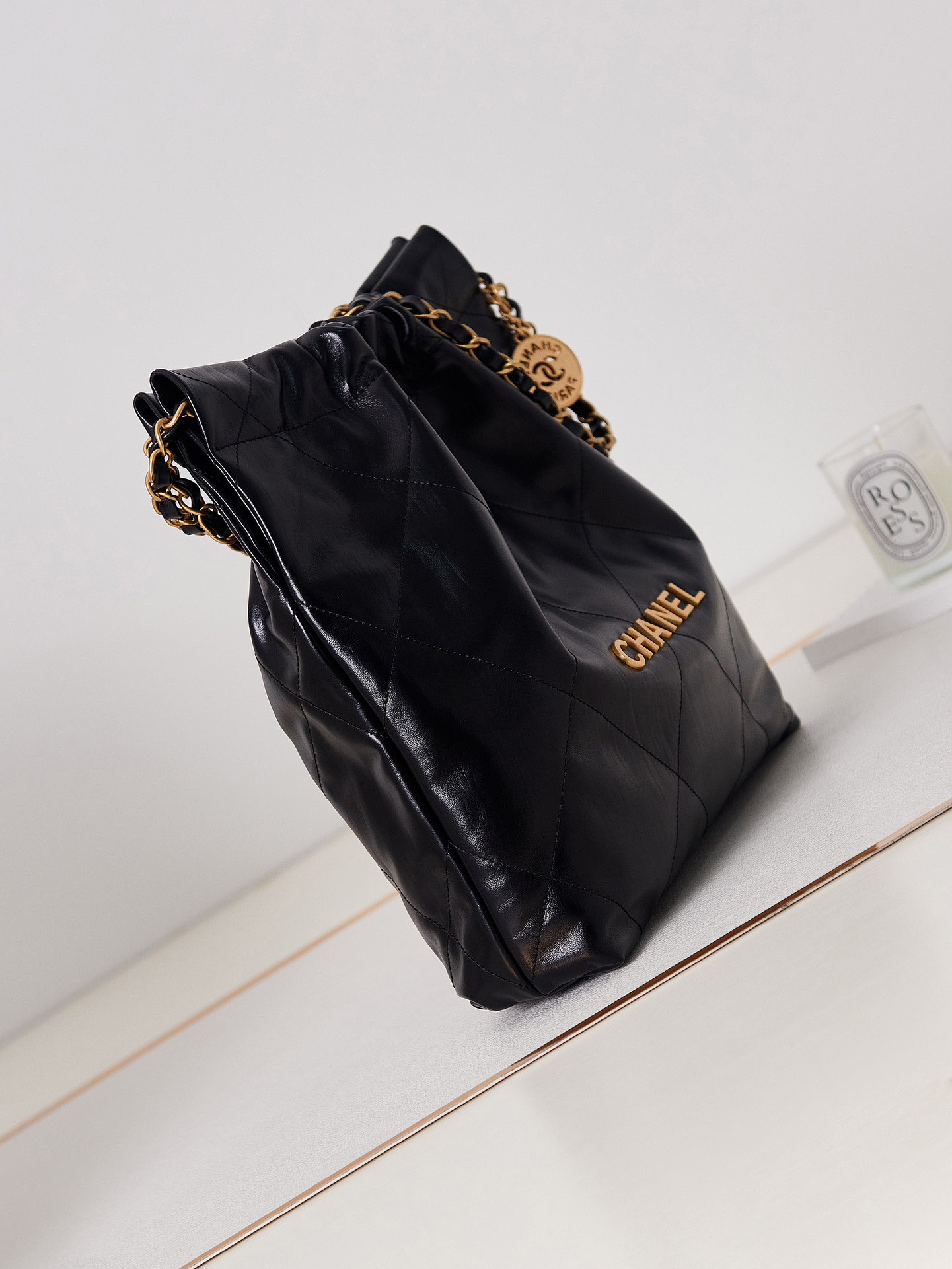 Ch*el 22 small handbag shiny calfskin & gold metal black 13.7×14.4×2.7 in