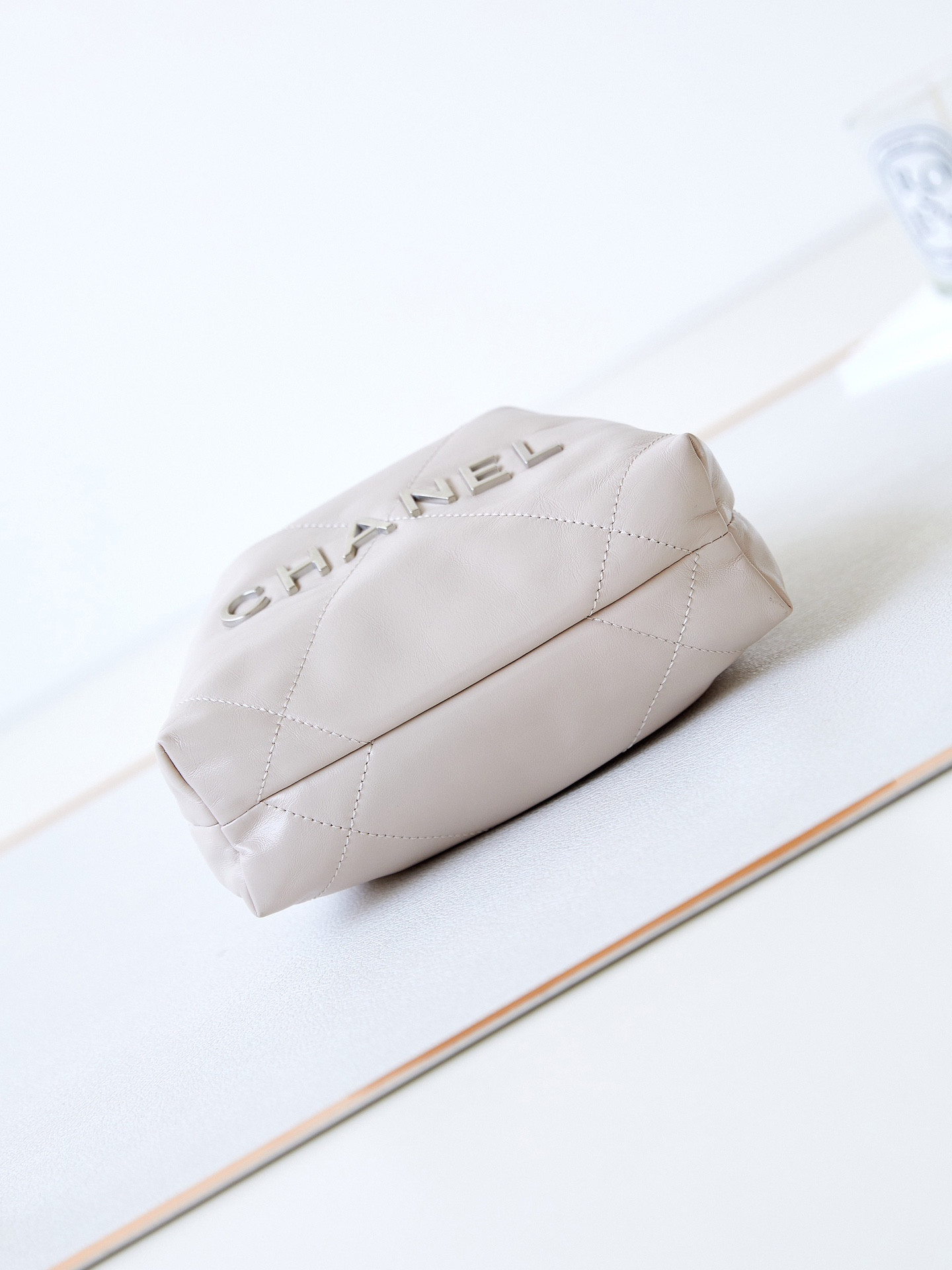 Ch*el 22 mini handbag shiny calfskin apricot 7.8 × 7.4 × 2.3 in