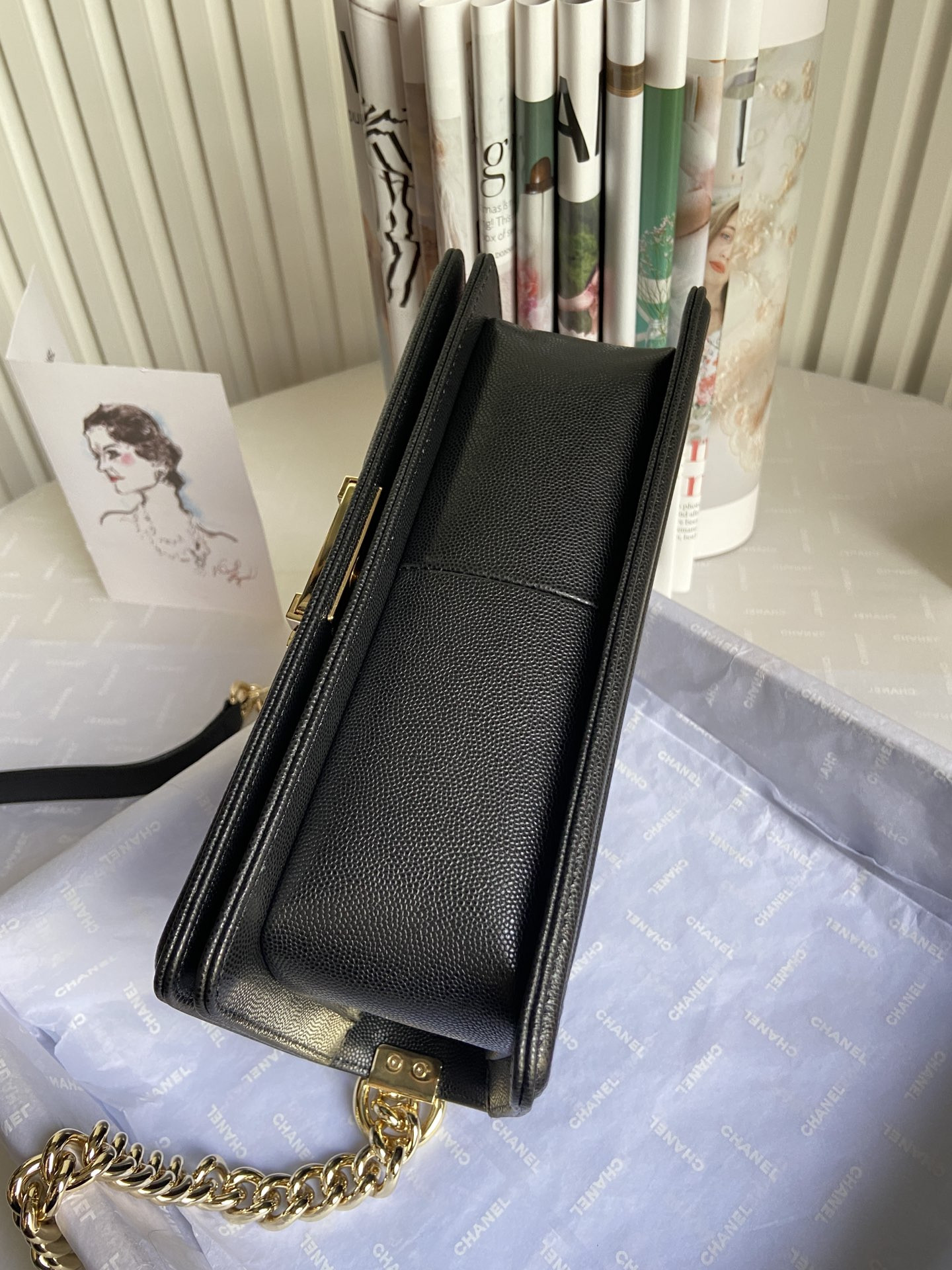 boy Ch*el handbag shiny grained calfskin & gold-tone metal black 5.9 × 9.8 × 3.5 in