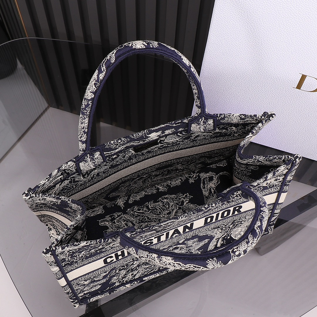 medium D*or book tote  blue and ecru toile de jouy reverse embroidery 14 x 11 x 6.5 inches