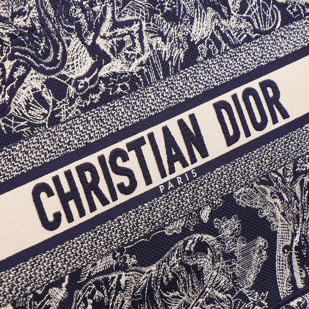 medium D*or book tote  blue and ecru toile de jouy reverse embroidery 14 x 11 x 6.5 inches