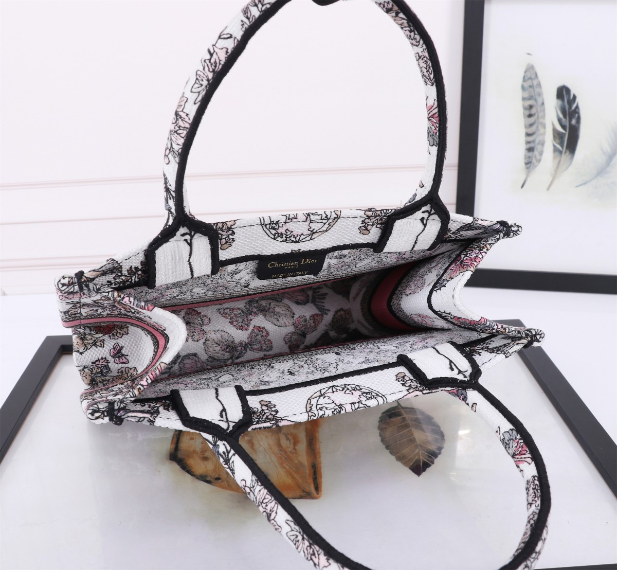 medium D*or book tote  white and pastel pink butterfly around the world embroidery 14 x 11 x 6.5 inches