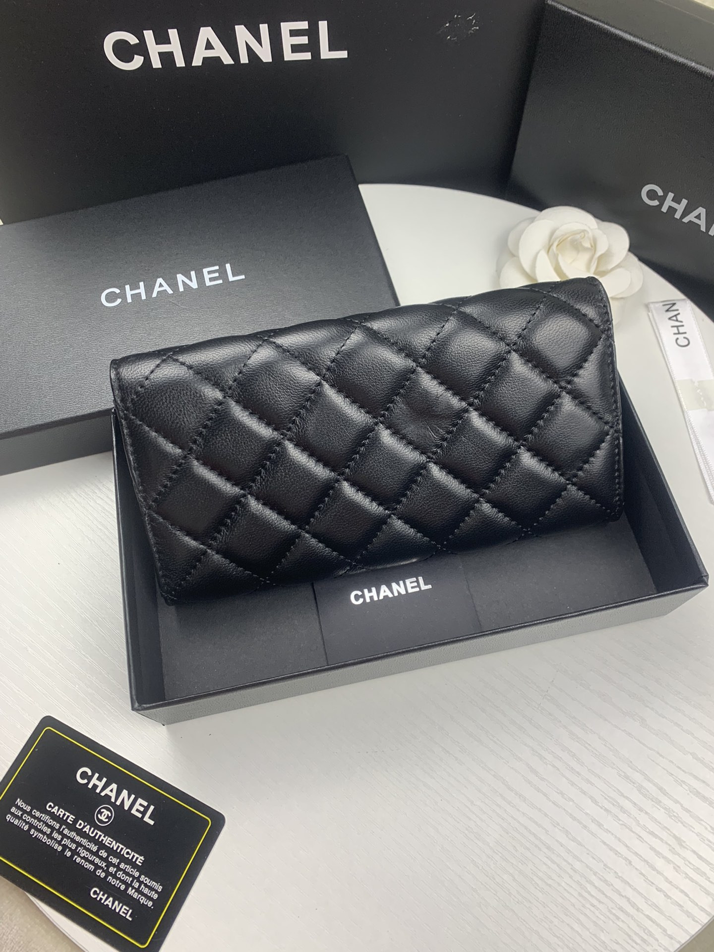 Ch*el flap wallet black silver 19.5 x10 cm